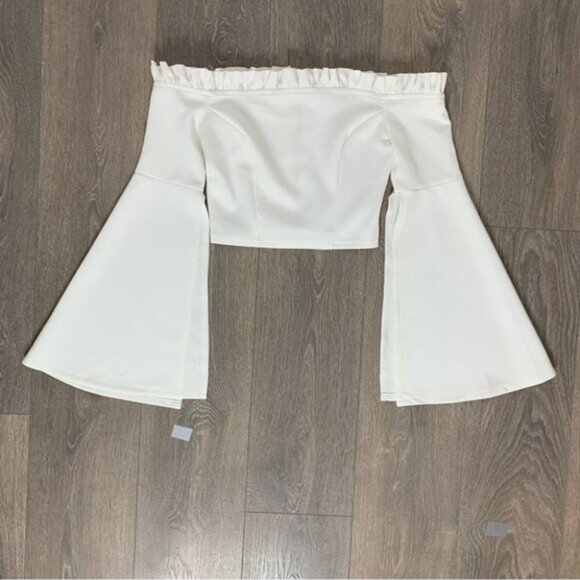 Women's Essue Top Blouse Off Shoulder Split Wide Flare Sleeve Cropped Off White - Picture 2 of 14